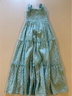 Global Love Aqua Blue Smocked Embroidered Tiered Midi Dress Size Small girl’s